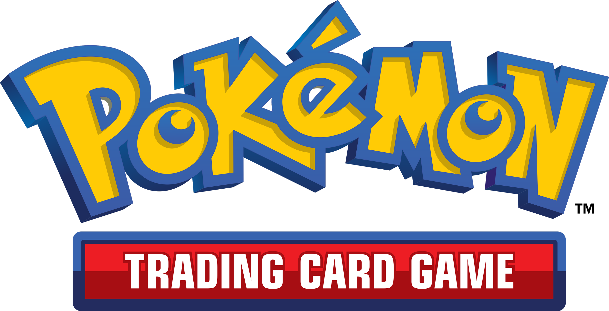 Colorful 3D text spelling 'Pokémon' in yellow with blue outline, below a red banner with white text reading 'Trading Card Game'.