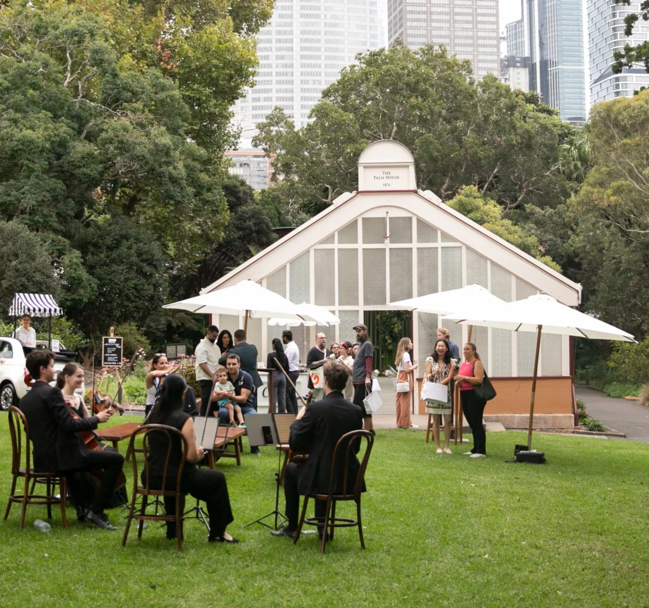A string quartet playing wedding music in the Botanic Gardens of Sydney