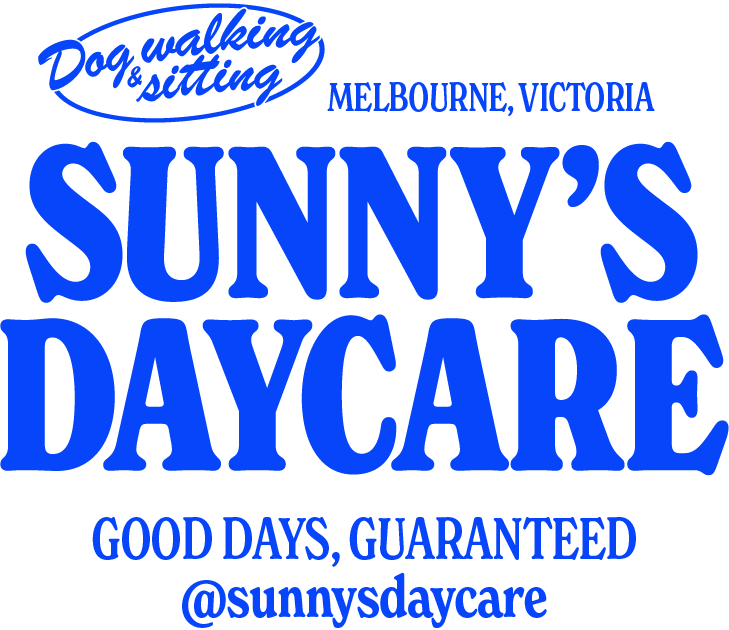 Logo for Sunny's Daycare in Melbourne, Victoria, featuring text about dog walking and sitting services, highlighting good days guaranteed, and including social media handle @sunnysdaycare.
