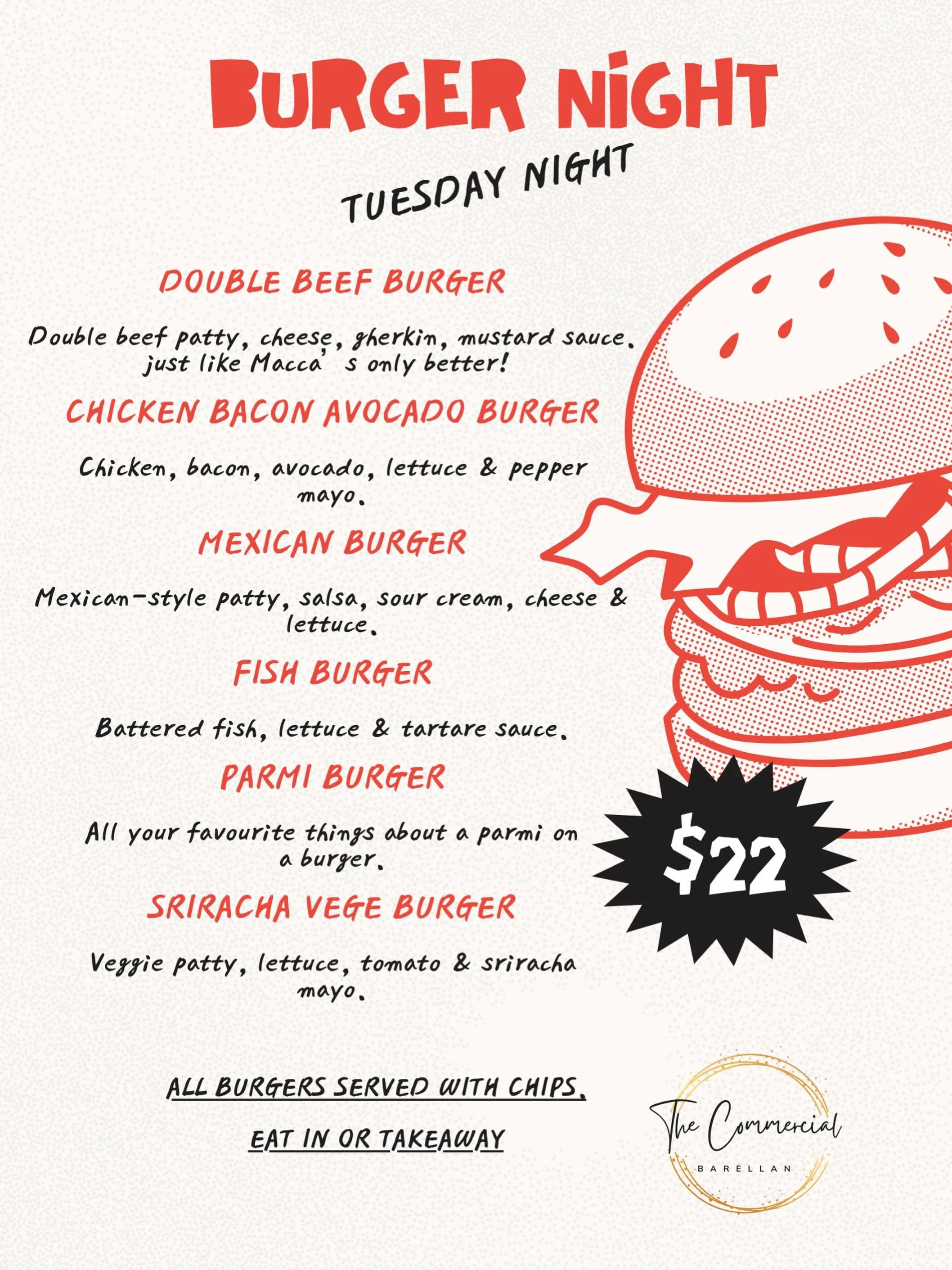 🍔 TUESDAY BURGER NIGHT is kicking off from NEXT TUESDAY at The Commercial Hotel Barellan! 🍔

Get ready for a delicious new Tuesday night feed 🤤
Choose from:

🔥 Double Beef Burger
🥑 Chicken Bacon Avocado Burger
🌮 Mexican Burger
🐟 Fish Burger
🍗