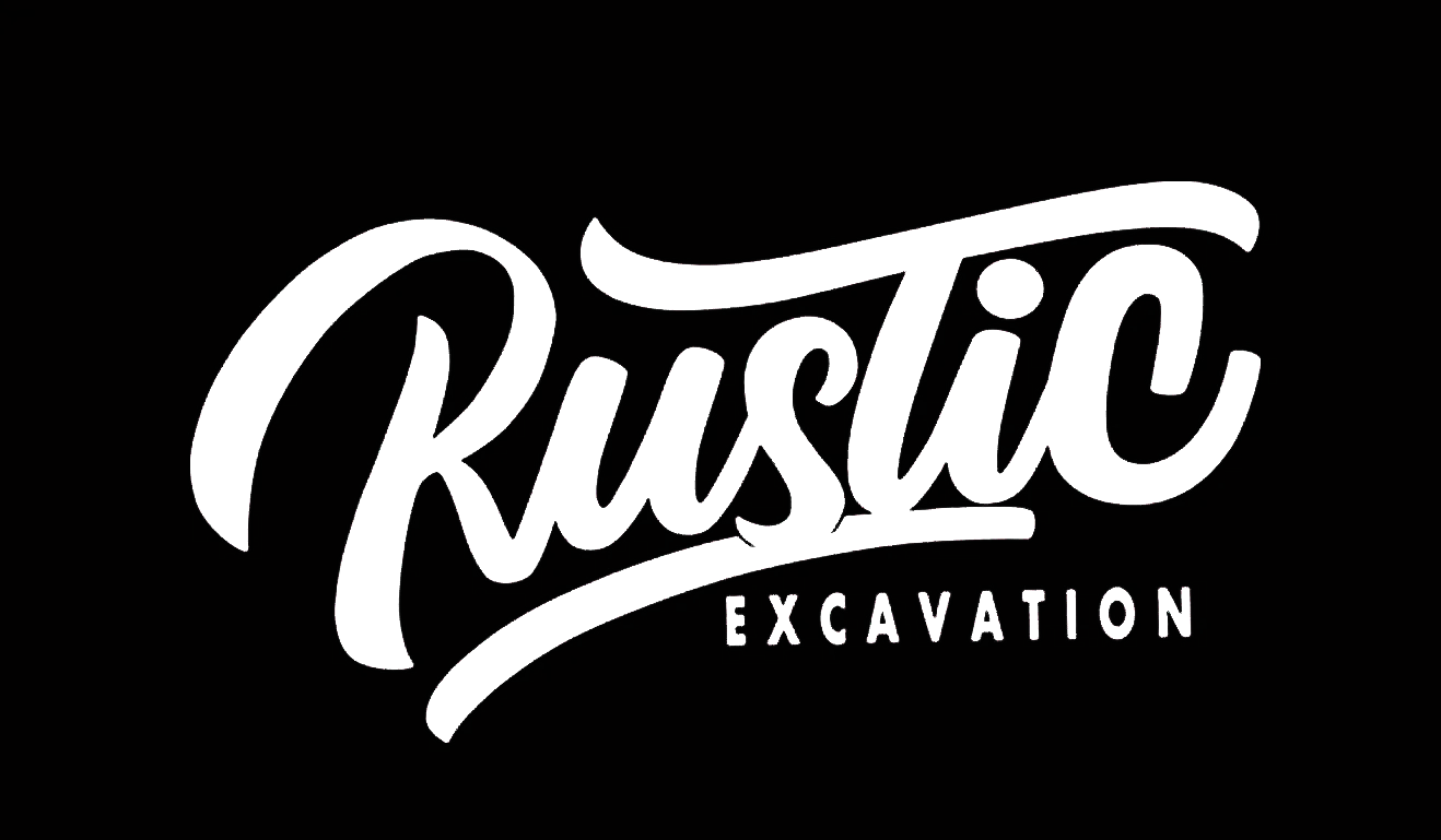 Black background with white text that says "Rustic Excavation" in stylized font.