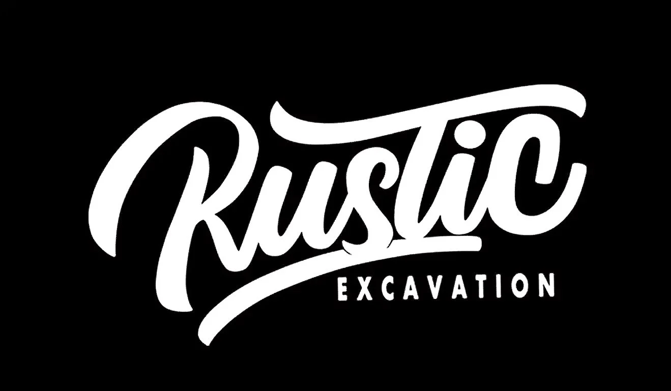 A black background with stylized white text reading "Rustic Excavation".