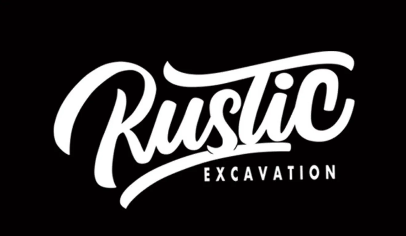 The logo of Rustic Excavation, with the word Rustic in stylized white cursive font and Excavation in smaller uppercase font underneath, on a black background.
