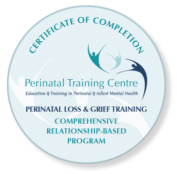 Circular certification badge for Perinatal Training Centre, focused on education and training in perinatal and infant mental health, specifically on perinatal loss and grief training, highlighting a comprehensive, relationship-based program.