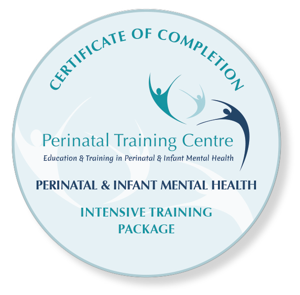 Circular certification badge for a Perinatal Training Centre, emphasizing education and training in perinatal and infant mental health, with the title 'Intensive Training Package' at the bottom.