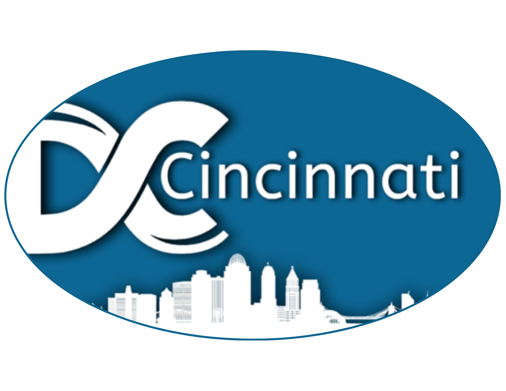 Cincinnati skyline silhouette with a blue background and white cityscape at the bottom, with the text 'Cincinnati' and a stylized 'C' and 'e' logo.