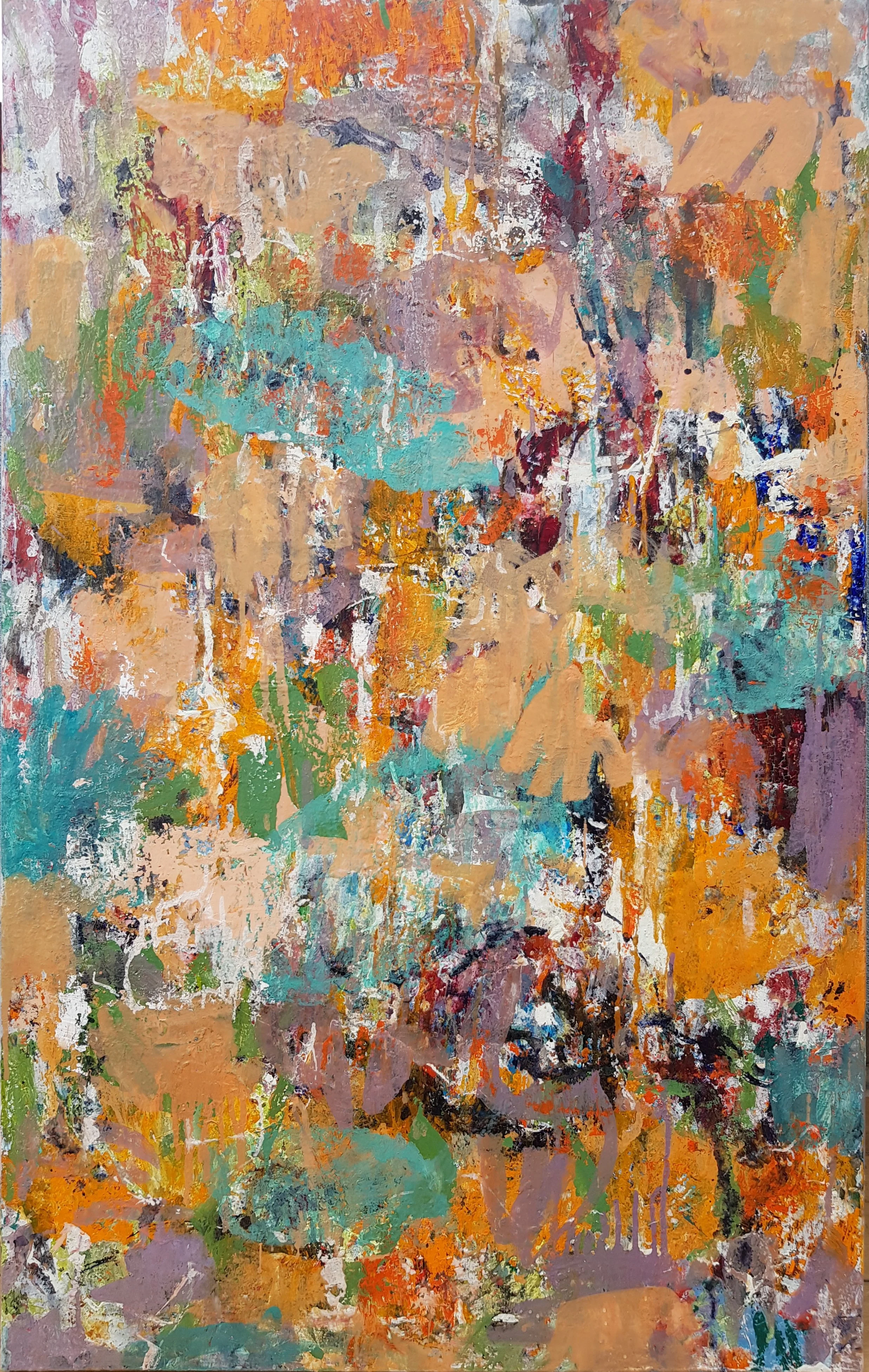 "Été indien" par Anne-Marie Gintrand - Peinture abstraite avec des taches de couleurs vives, notamment orange, vert, violet, blanc, noir et beige, créant un motif désordonné et dynamique.