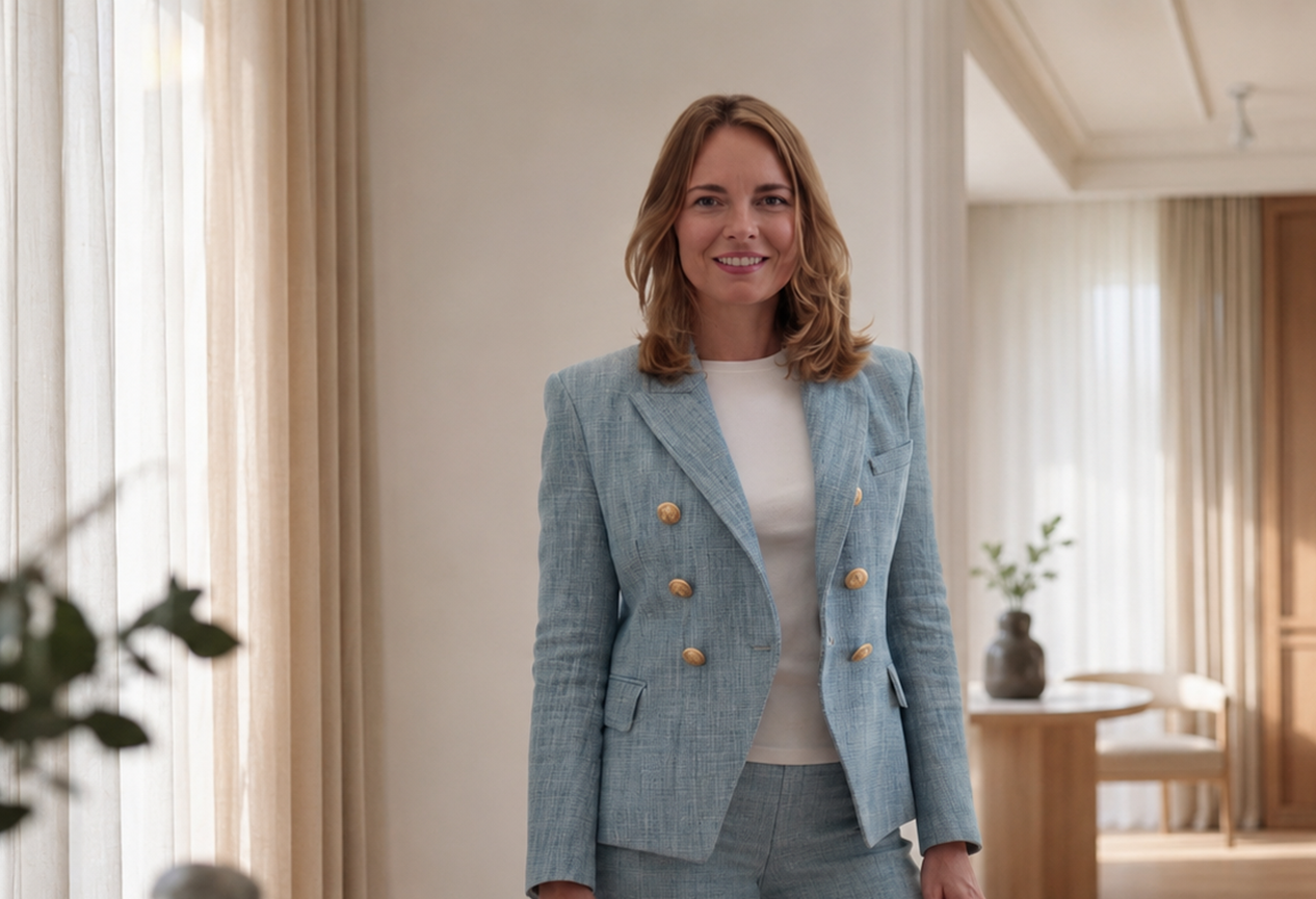 Eine lächelnde Frau steht in einem hell beleuchteten Raum, trägt einen blauen Blazer mit goldenen Knöpfen und einen weißen Oberteil.