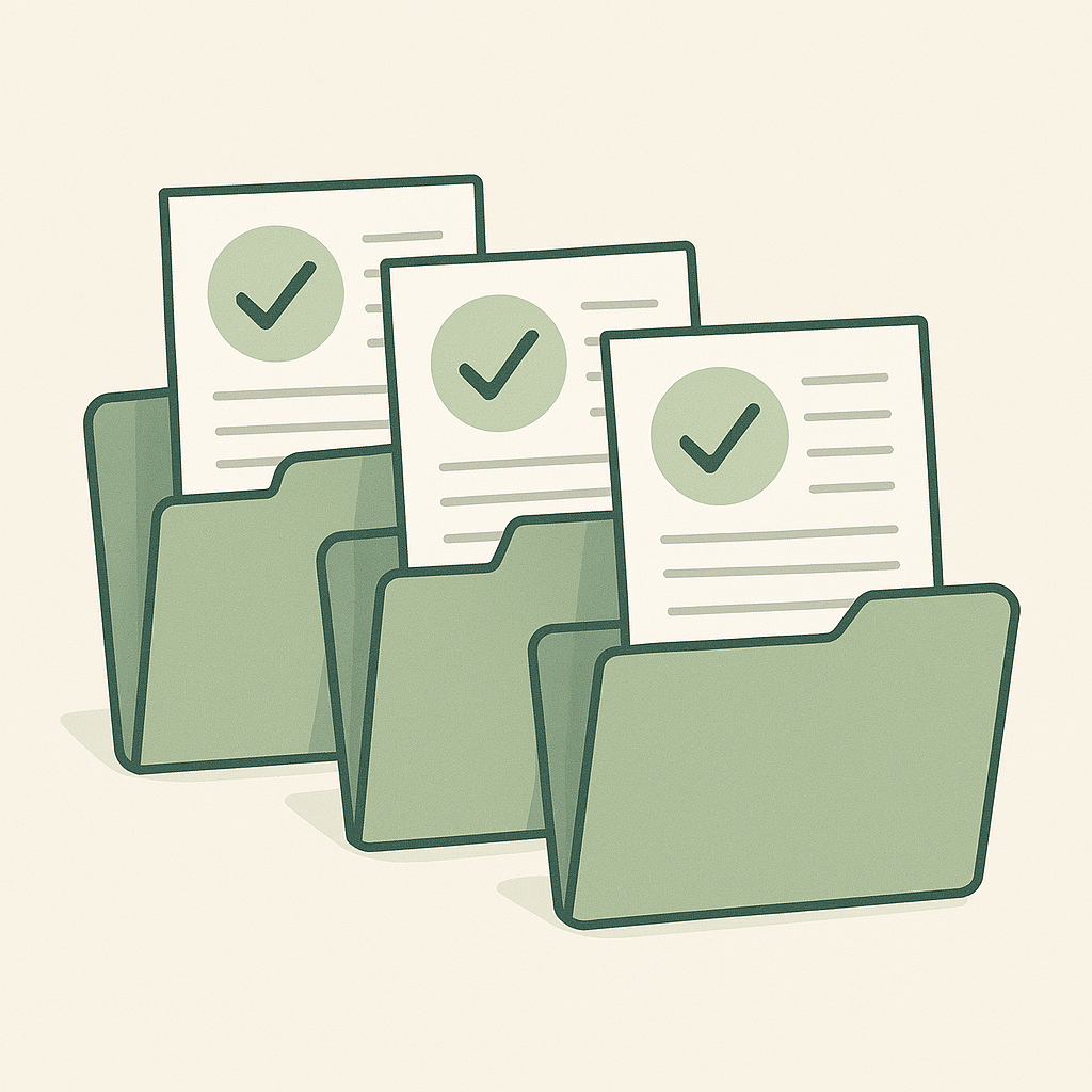 Three green filing folders with documents containing checkmarks inside circles.