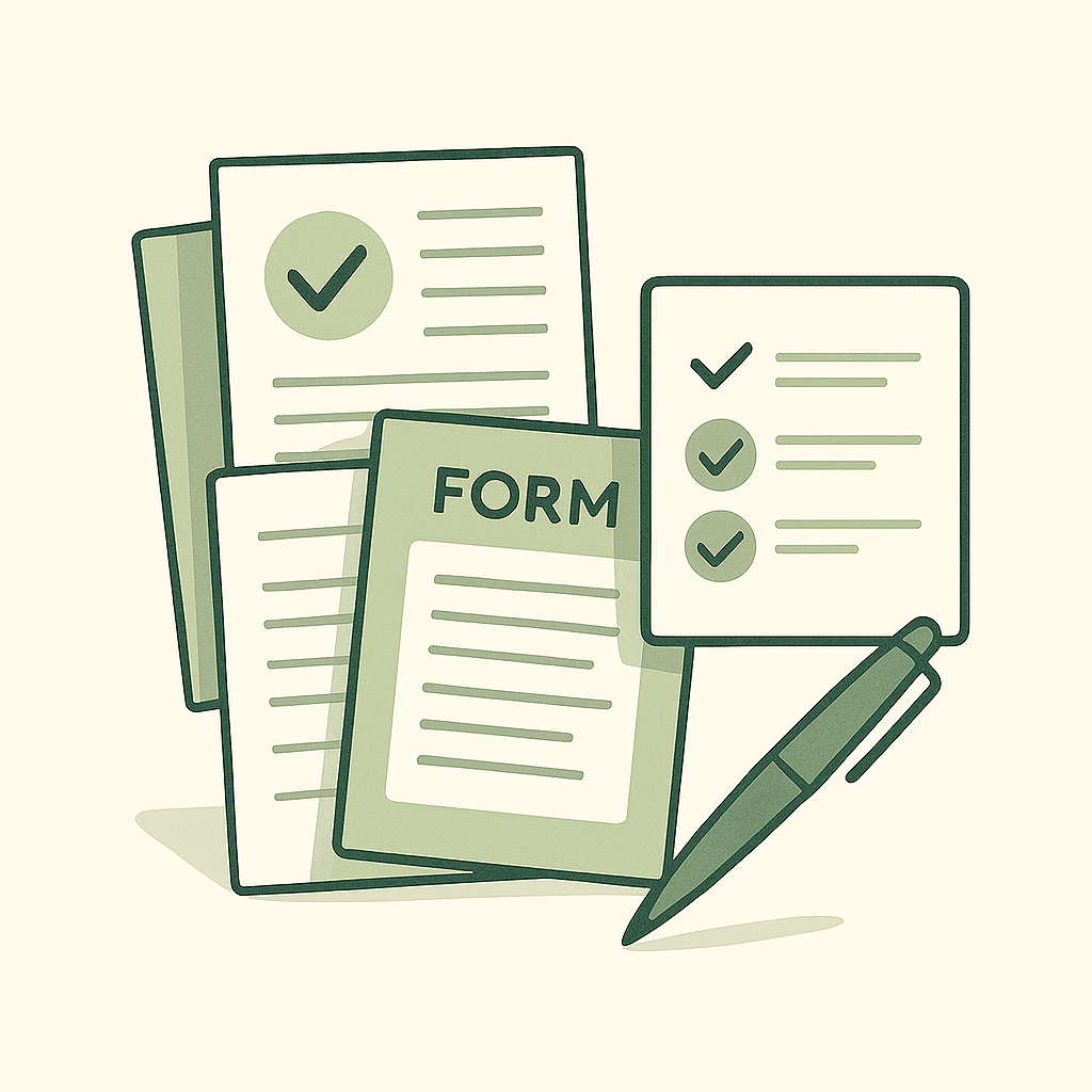 Illustration of forms, checklists, and a pen, representing paperwork or document completion.