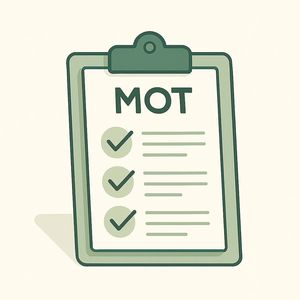 Clipboard with the word 'MOT', checkmarks, and lines of text.