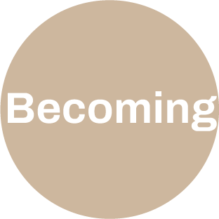 Close-up of a circular beige background with the word 'Becoming' written in black.