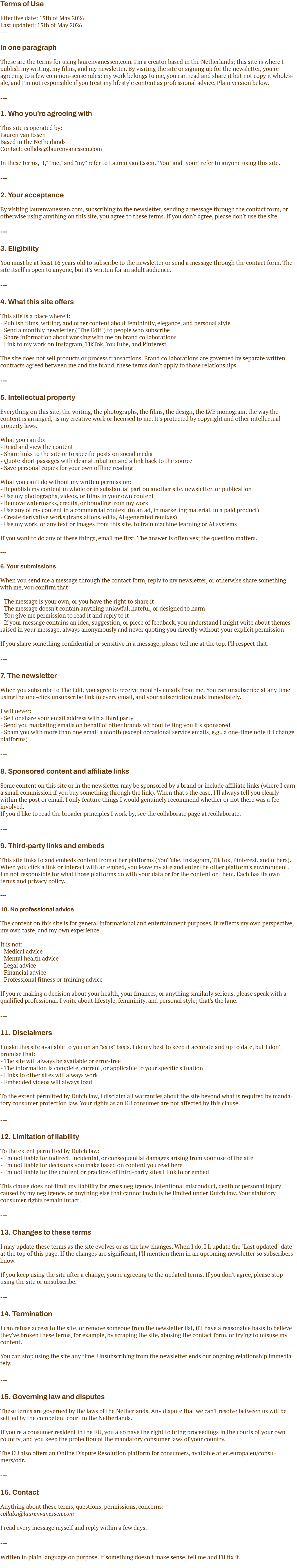 The image displays the terms of use policy, outlining the effective date, last update, and detailed sections on agreement, acceptance, eligibility, site offers, intellectual property, subdomains, newsletter, sponsored content, third-party links, disclaimers, liability limitations, changes, termination, governing law, and contact information. The text primarily provides legal guidelines for website use.