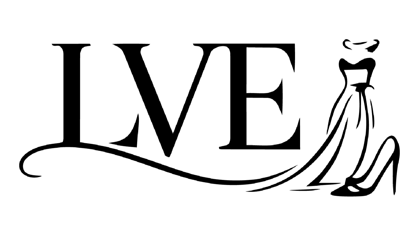 Black logo of Lauren van Essen, with the initials LVE and a stylished dress and heel