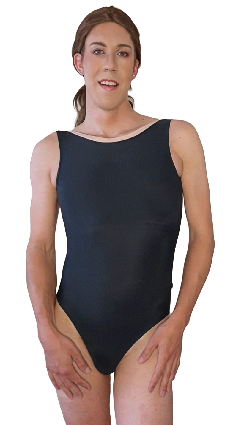 Lauren with light skin and brown hair styled in a ponytail, wearing a sleeveless black leotard, standing with her hands on her thighs against a background with colorful geometric shapes.