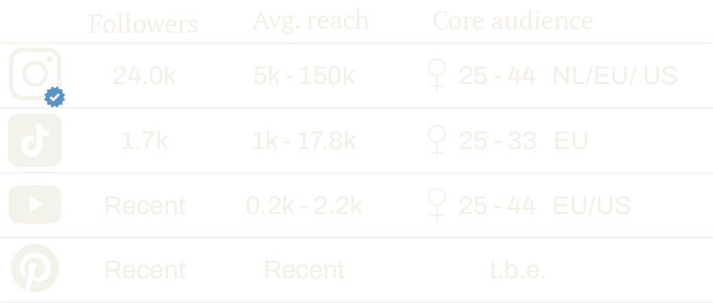 Table showing social media platform statistics, including followers, average reach, and core audience demographics, for Instagram, TikTok, YouTube, and Pinterest.