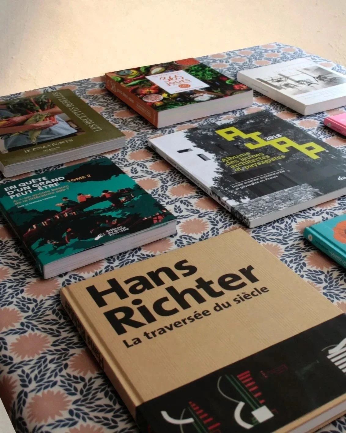Collection de livres posés sur une table à motif floral, avec un livre de Hans Richter au premier plan.