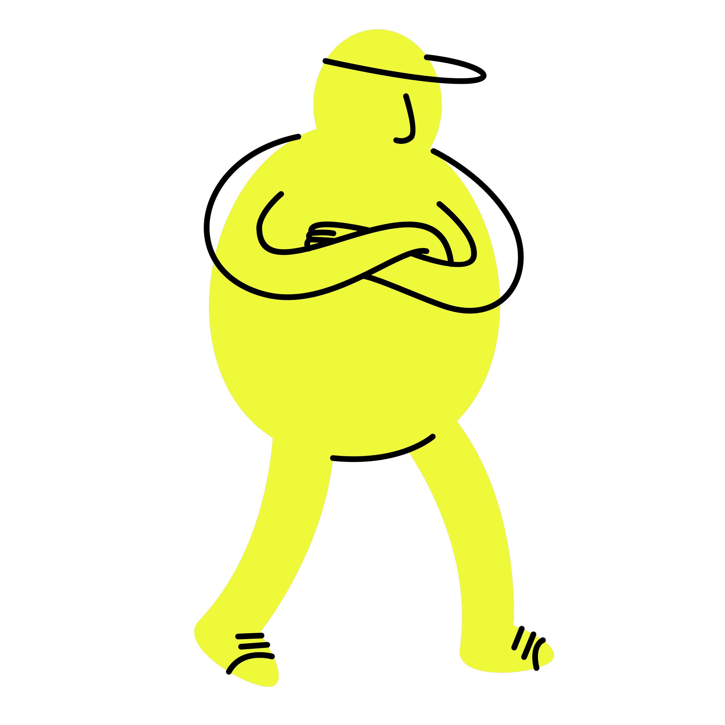 Disegno di un personaggio stilizzato di colore giallo con braccia incrociate, città di scarpe e cappellino, su sfondo nero.