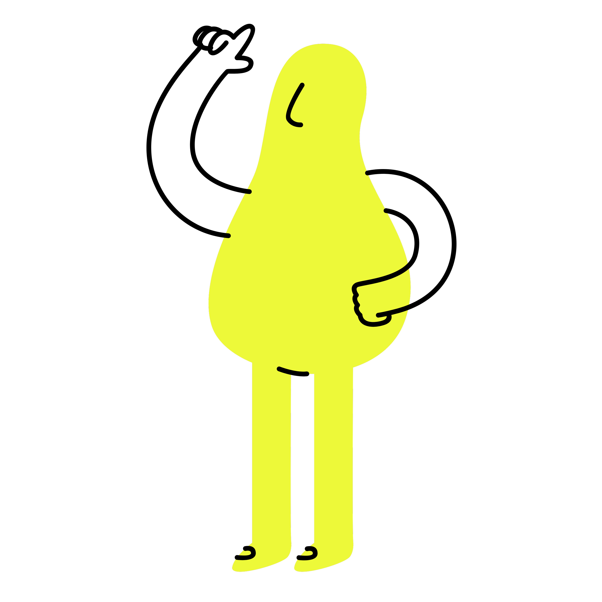 Personaggio antropomorfo color giallo con corpo a forma di pera e testa allungata, con un braccio incrociato e un sorriso.