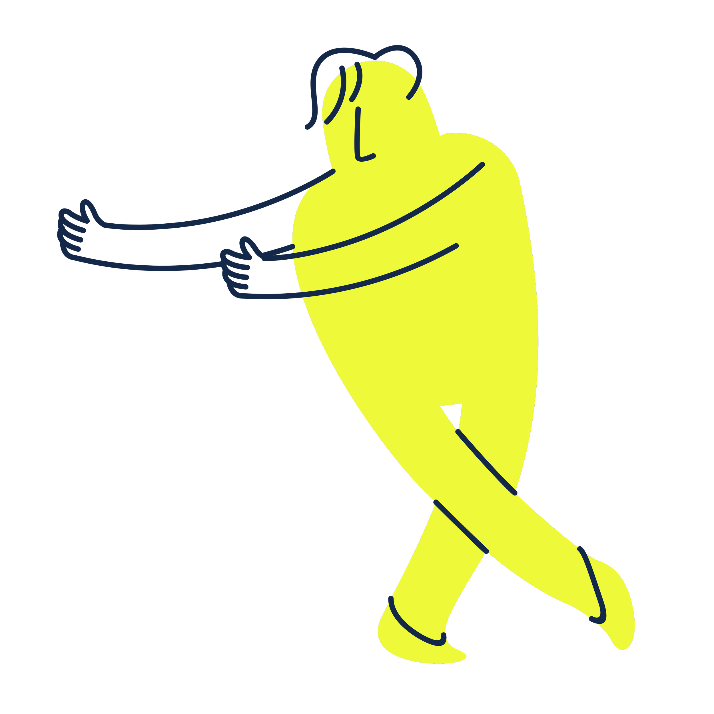 Illustrazione di un personaggio giallo con braccia e testa blu, che sembra abbracciare o accogliere qualcuno.