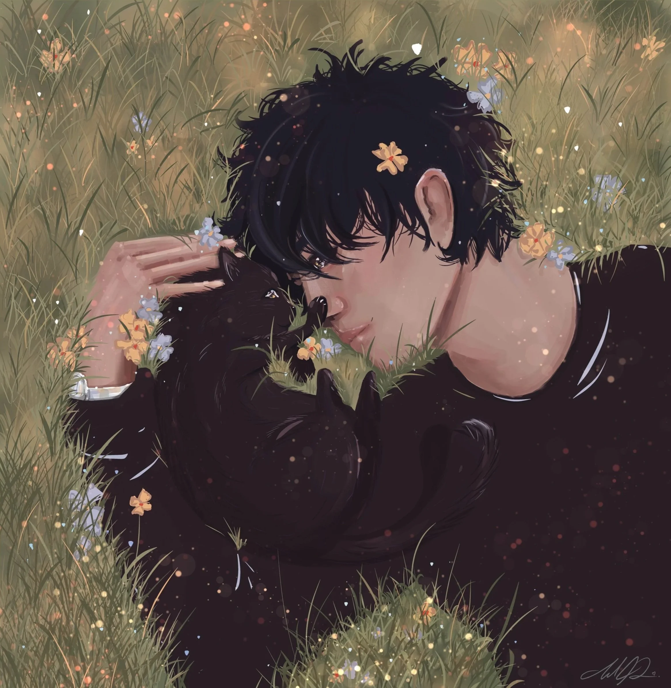 A person with short dark hair and a black shirt is lying on the grass with a black cat resting next to them. The person is gently touching the cat's head and appears to be smiling with their eyes closed. The grass is dotted with small flowers and light particles, giving a peaceful, dreamy atmosphere.