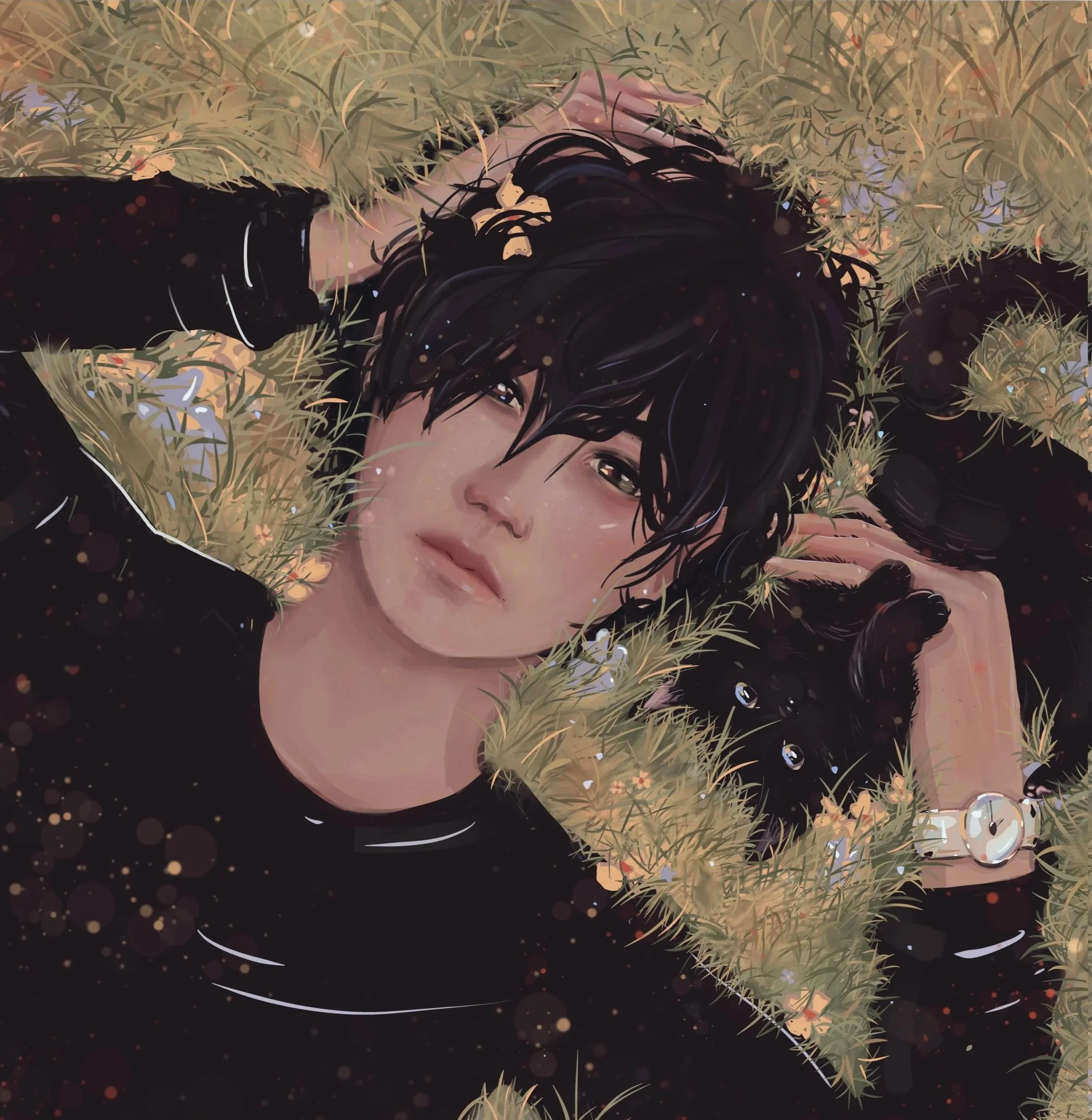 A digital artwork of a woman with dark hair lying in grass with her eyes open, surrounded by a dark background with small glowing circles.