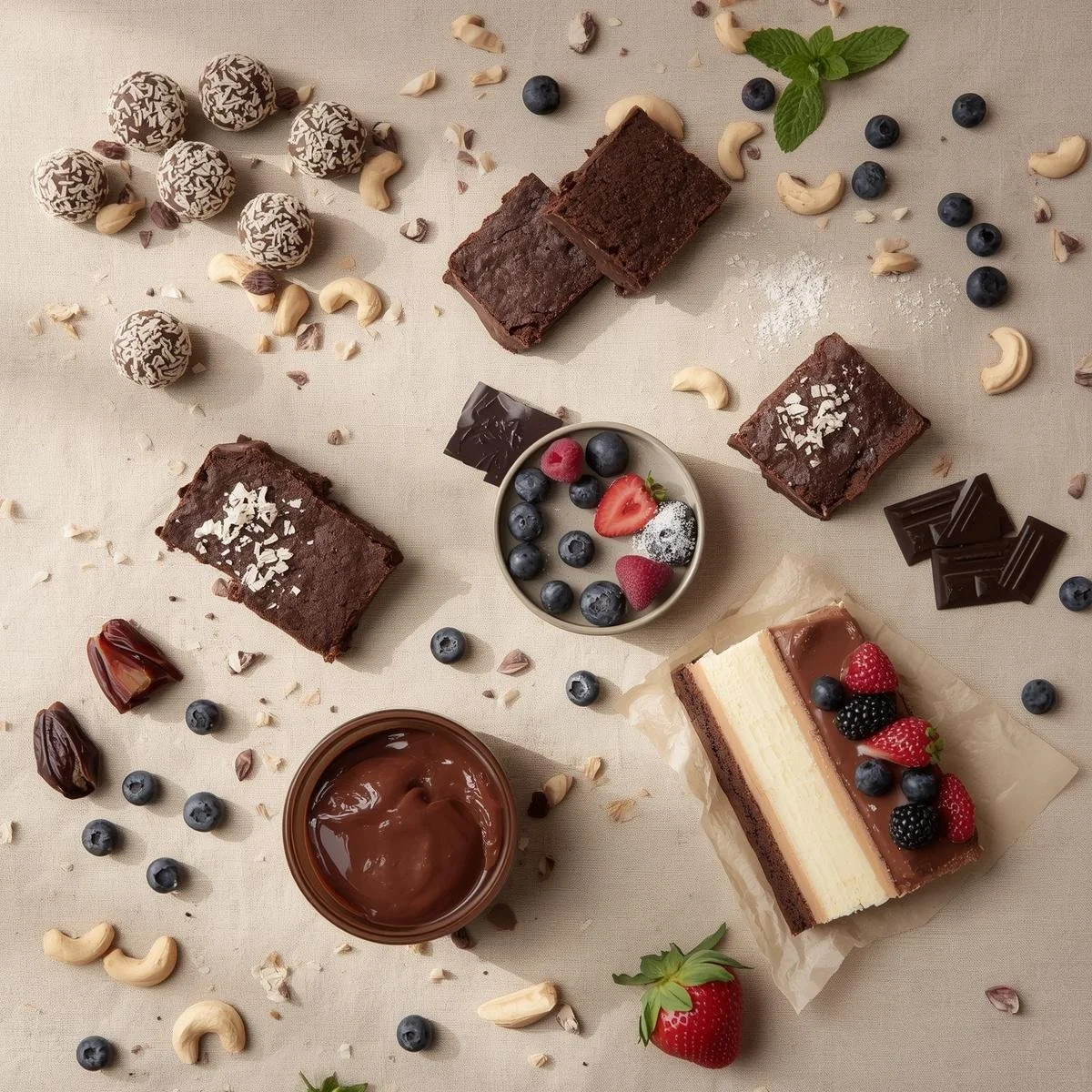 Assorted desserts including brownies, chocolate bars, chocolate-covered strawberries, blueberries, raspberries, cashews, almonds, date fruits, and a bowl of chocolate spread on a beige surface with scattered berries, nuts, and mint leaves.