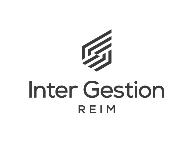 Logo avec un symbole géométrique en haut, texte 'Inter Gestion' en centre, et 'REIM' en dessous, sur un fond noir.