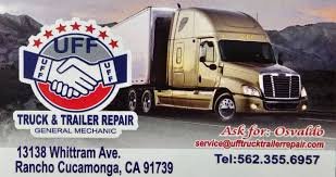 Business card for a truck and trailer repair shop with a logo featuring a handshake and stars, contact details including address in Rancho Cucamonga, CA, and phone number.