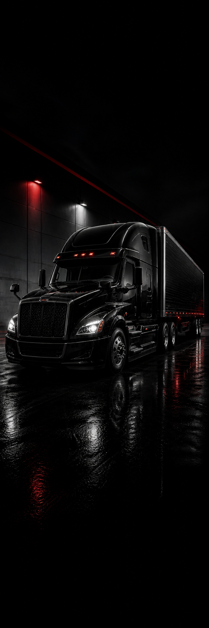 A black semi-truck parked in a dark, wet garage with red and white lights on the wall.