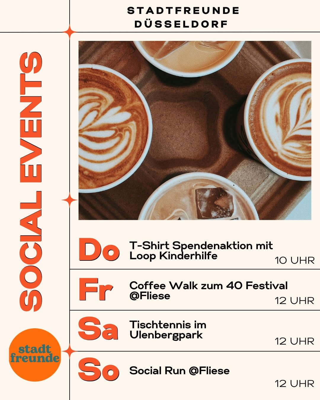 WOCHEN&Uuml;BERSICHT |  27. April - 3. Mai 2026 🗓️

Hier kommt die Stadtfreunde-Woche im &Uuml;berblick:

Donnerstag T-Shirt Drop mit der Kinderhilfe @loop_kinderhilfe  Die Shirts gibt&rsquo;s im Online Shop. Alle Einnahmen werden gespendet. Also: g