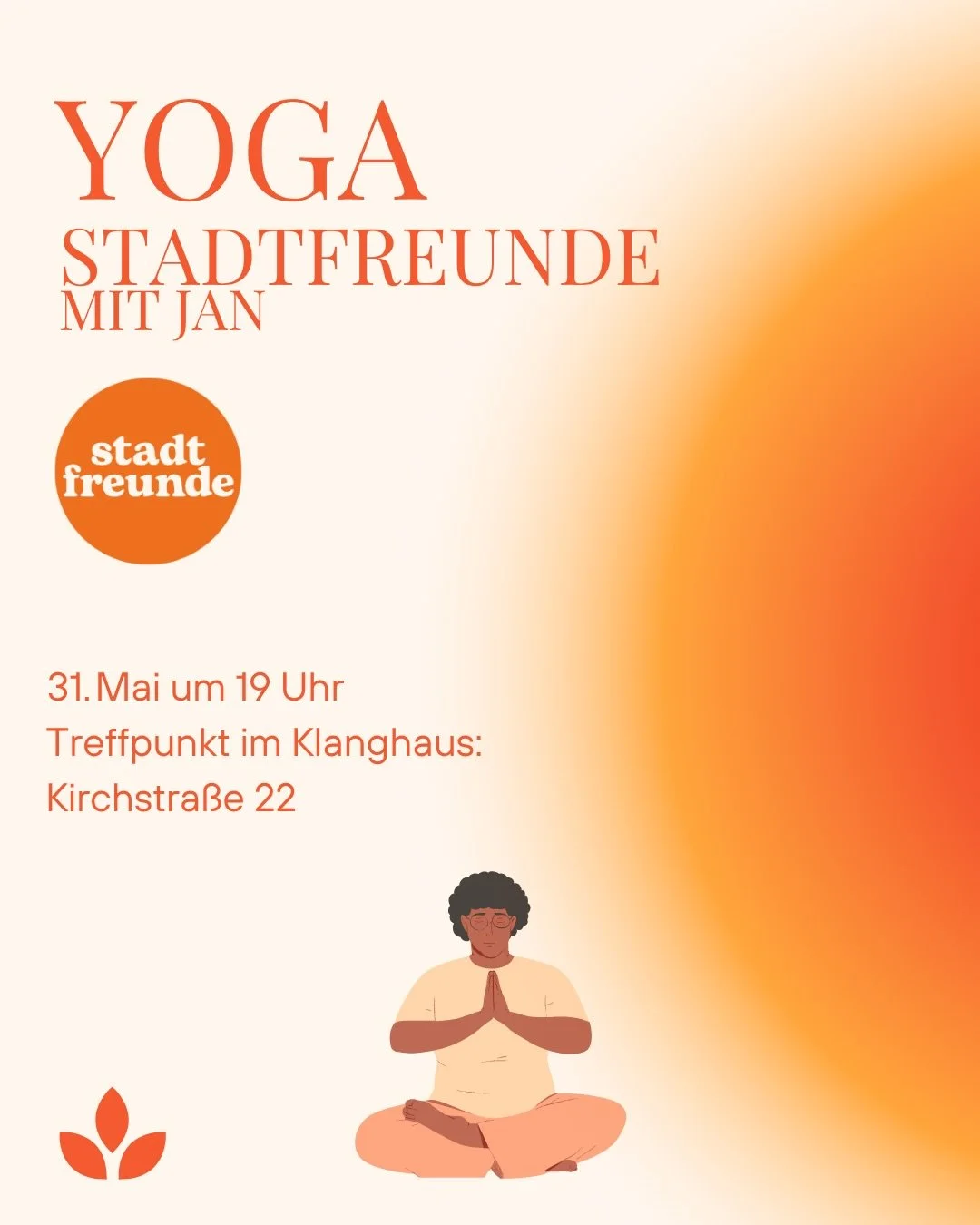 Sonntag wird es mal wieder Zeit f&uuml;r Yoga 🧘🏼&zwj;♀️🧡

Wir treffen uns am 31. Mai um 19 Uhr im @klanghaus_duesseldorf f&uuml;r Stadtfreunde Yoga mit @janallenh

Perfekt, um runterzukommen, neue Leute kennenzulernen und entspannt in die neue Woc