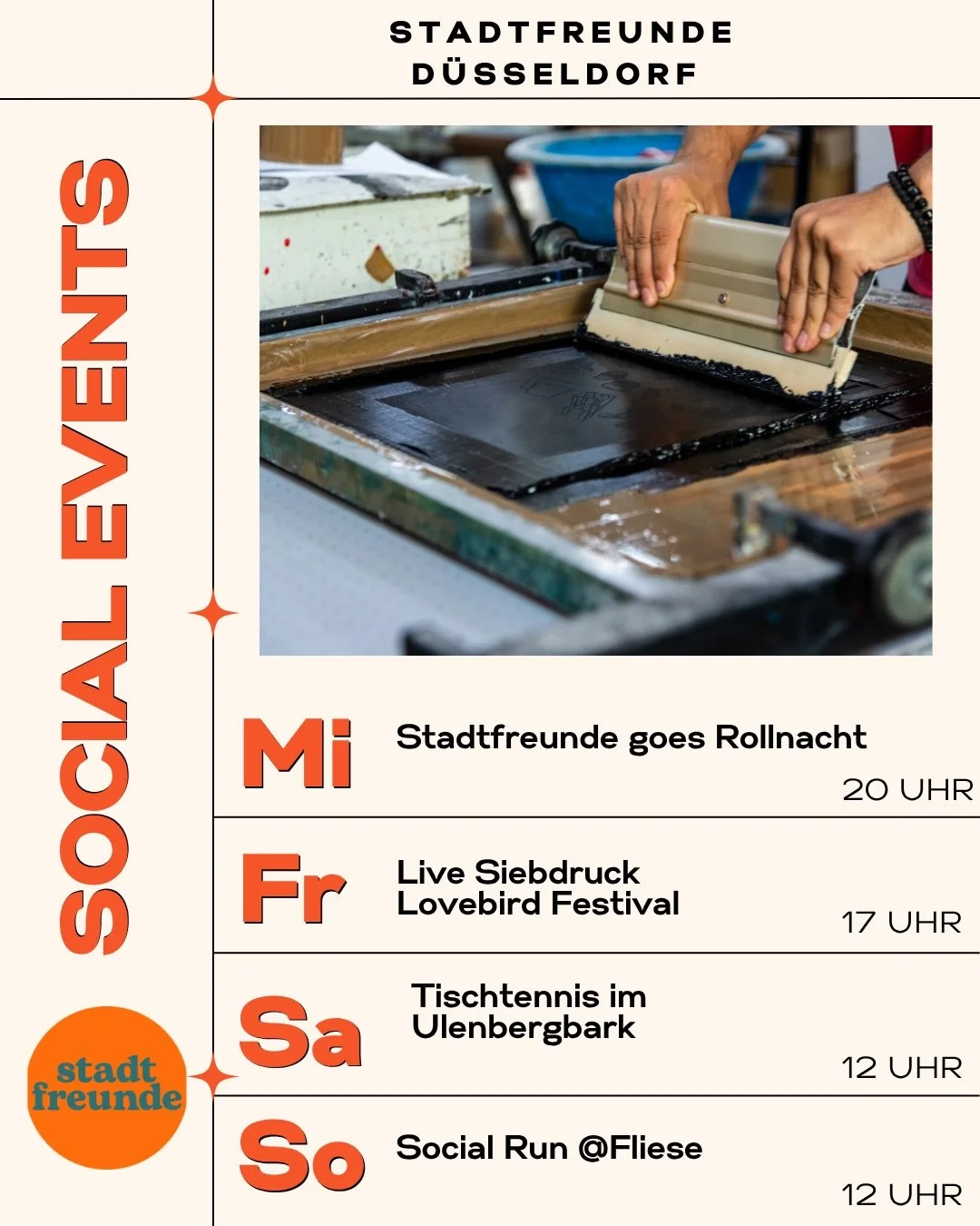 WOCHEN&Uuml;BERSICHT | 1. - 7. Juni 2026 🗓️🧡

Neue Woche, neue M&ouml;glichkeiten Leute kennenzulernen 🙌

Mittwoch
Stadtfreunde goes @rollnacht 🛼🧡

Unsere Inliner-Gruppe ist auf jeden Fall dabei. Wenn ihr mitkommen wollt, kommt einfach in die Wh