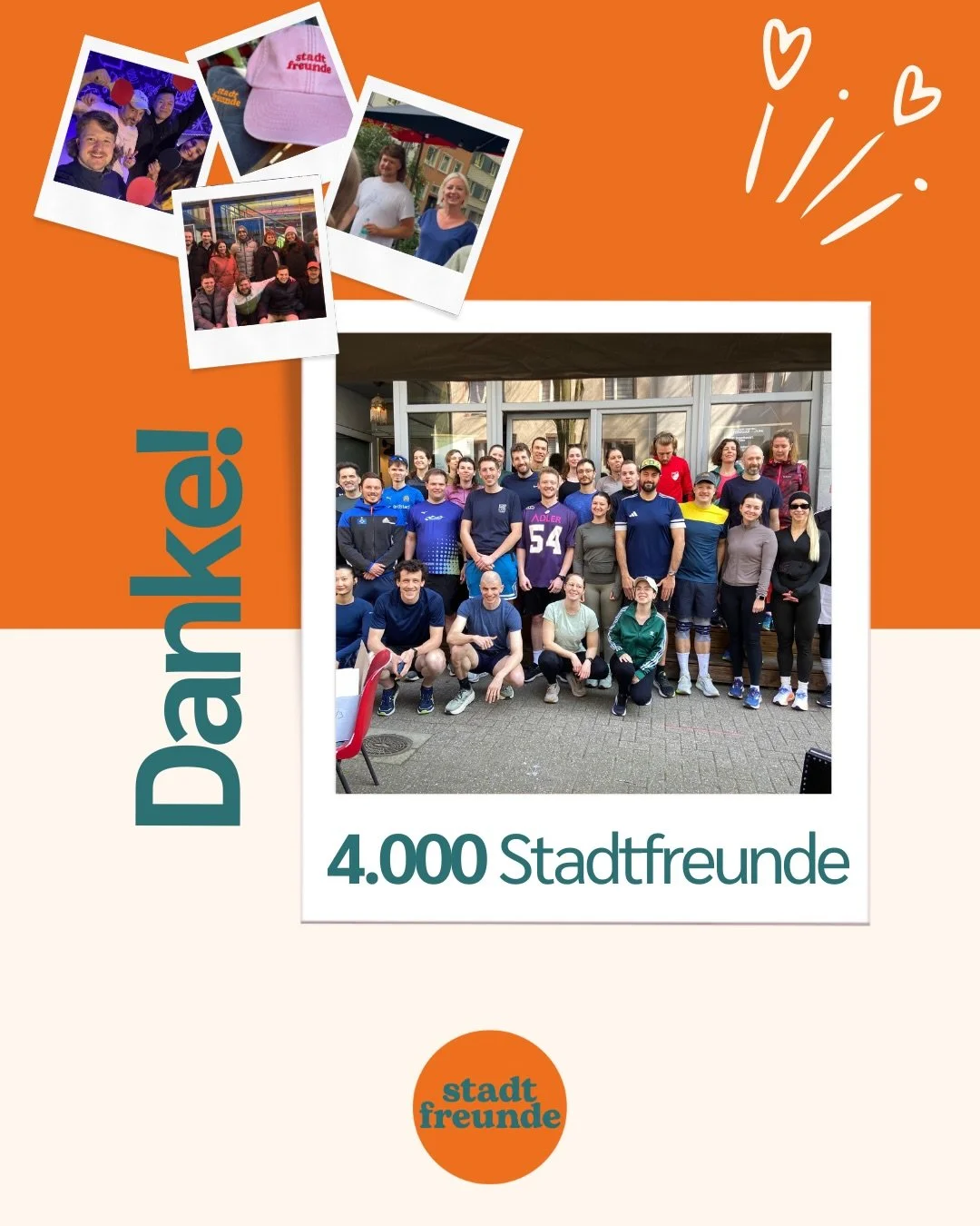 4.000 Stadtfreunde 🧡

Vor etwas mehr als einem Jahr war Stadtfreunde nur eine Idee.

Heute sind wir 4.000 Menschen auf Instagram. 4.000 Menschen, die unsere Beitr&auml;ge verfolgen, zu Events kommen, beim Social Run mitlaufen, neue Freundschaften sc