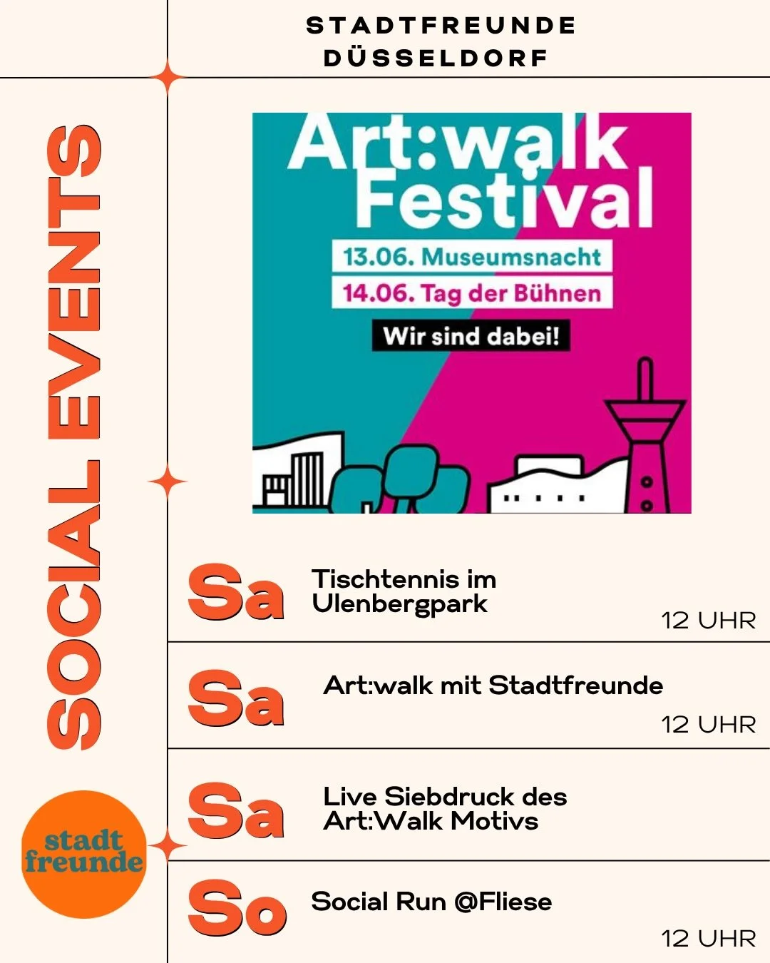 WOCHEN&Uuml;BERSICHT |  8. - 14. Juni 2026 🗓️

Hier kommt die Stadtfreunde-Woche im &Uuml;berblick:

Samstag Tischtennis im Ulenbergpark 🏓 12 Uhr. Einfach vorbeikommen, bisschen spielen, bisschen connecten.

Samstag gibt es ebenfalls das Art:Walk F