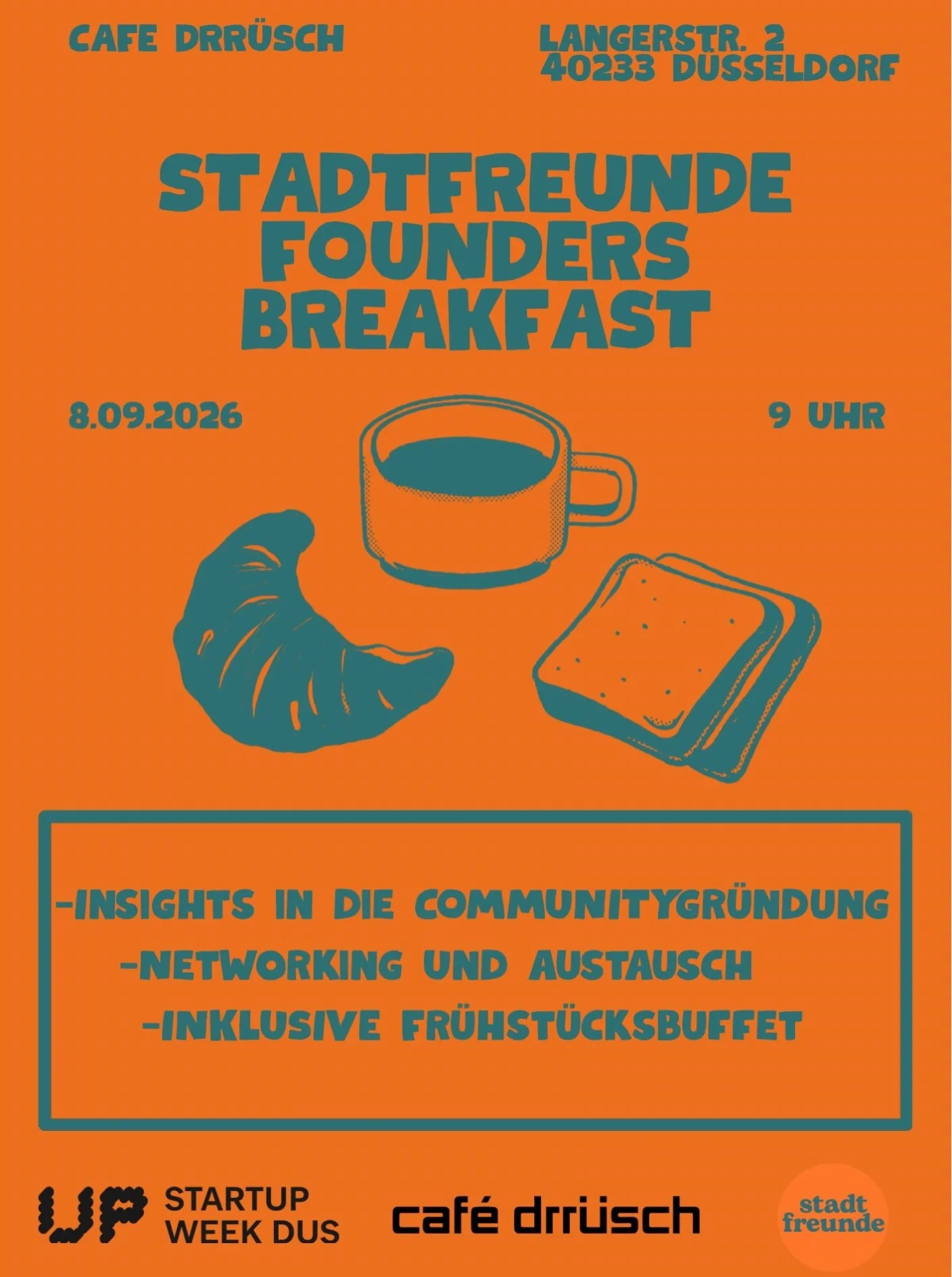 Founders Breakfast mit Stadtfreunde ☕️🥐

Im Rahmen der Start-up Week laden wir euch zu einem gemeinsamen Fr&uuml;hst&uuml;ck ins @cafe_drruesch ein.

@tour_de_kenk wird dabei &uuml;ber die Gr&uuml;ndung von Stadtfreunde erz&auml;hlen und vor allem a