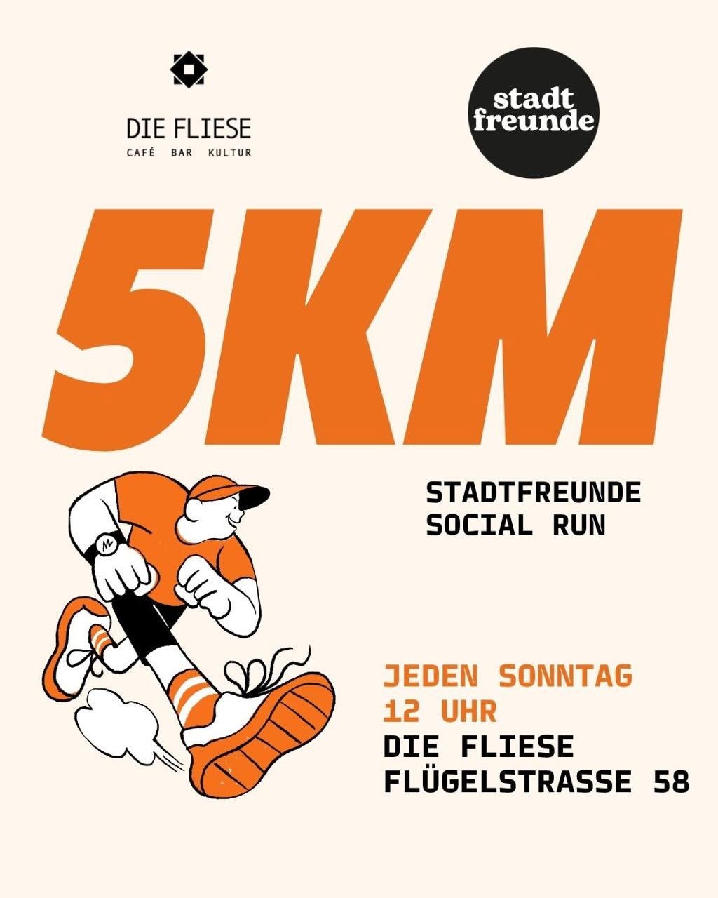 Sonntags mit Stadtfreunde 🏃🧡

Diesen Sonntag hei&szlig;t es wieder: Social Run!
Wir treffen uns um 12 Uhr an der @cafebar_diefliese und laufen gemeinsam entspannte 5 km &ndash; ganz ohne Leistungsdruck.

Egal, ob du regelm&auml;&szlig;ig l&auml;ufs