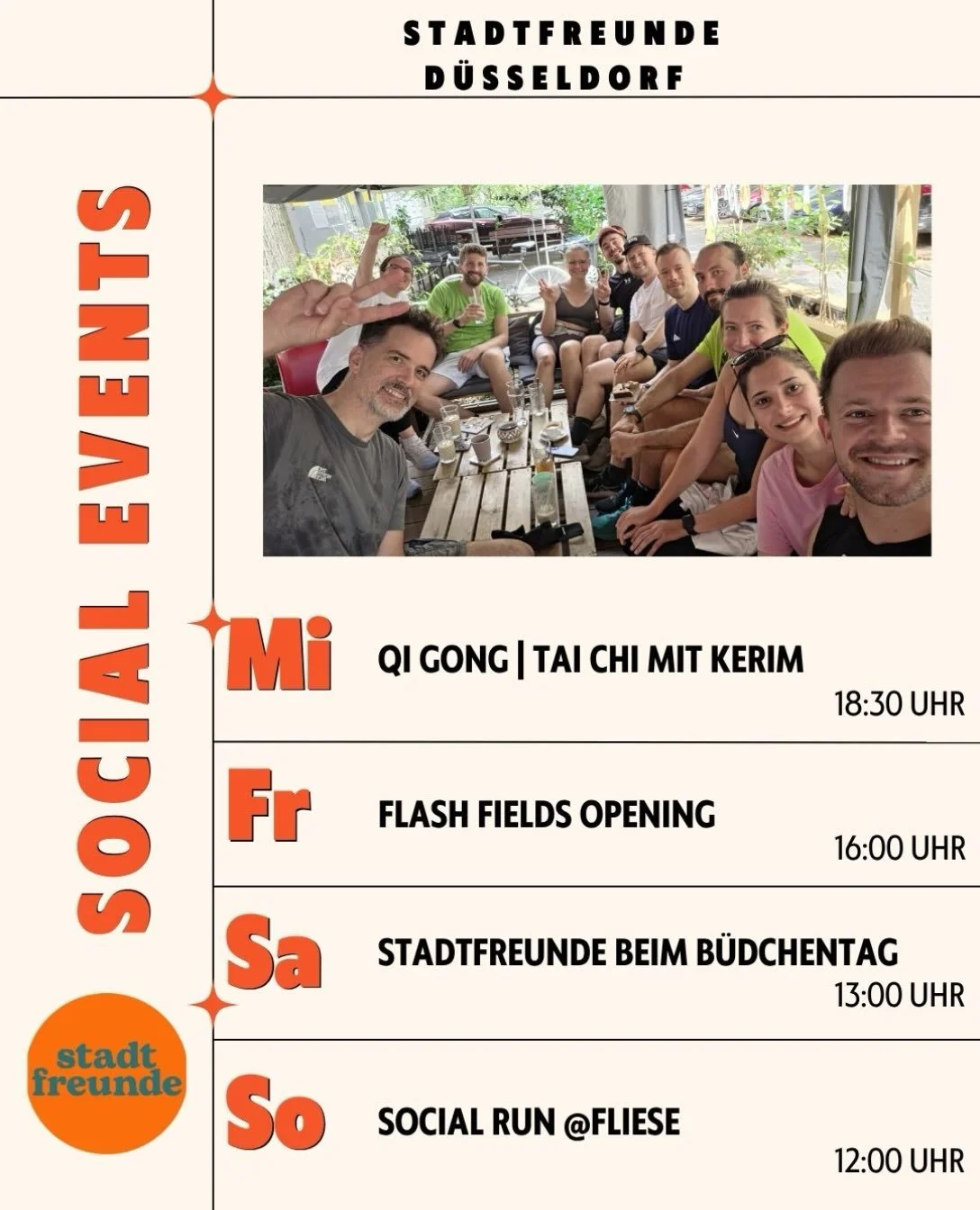 Diese Woche mit Stadtfreunde 🧡

Eine neue Woche, vier Events und jede Menge M&ouml;glichkeiten, gemeinsam eine gute Zeit zu haben!

🧘 Mittwoch, 02.09. &ndash; Qi Gong &amp; Tai Chi mit @kunstdeskoerpers im @cafe_drruesch 

Wir starten entspannt in 