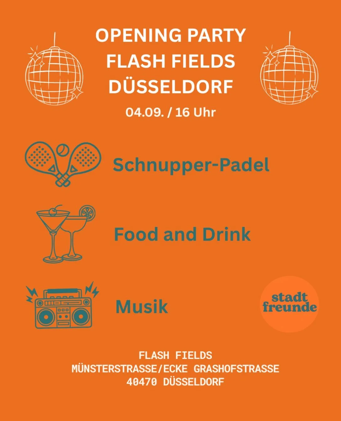 @flashfields.padel Opening in D&uuml;sseldorf 🧡

Am 04.09. feiert Flash Fields seine Neuer&ouml;ffnung in D&uuml;sseldorf &ndash; und wir sind mit unseren Stadtmomente-T-Shirts am Start! 👕🧡

Euch erwarten gute Musik, eine Menge verschiedener Drink