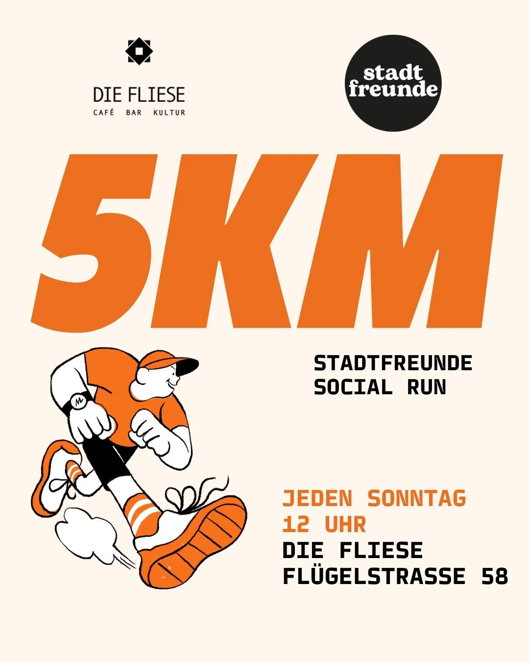 Social Run 🧡🏃&zwj;♀️

📍@cafebar_diefliese 
🕛 12 Uhr
🏃&zwj;♀️ 5km

Danach geht&rsquo;s wie immer gemeinsam auf Kaffee &amp; Kuchen in die Fliese ☕️🍰

Komm einfach vorbei, lauf mit und werde Teil der Community! 🧡