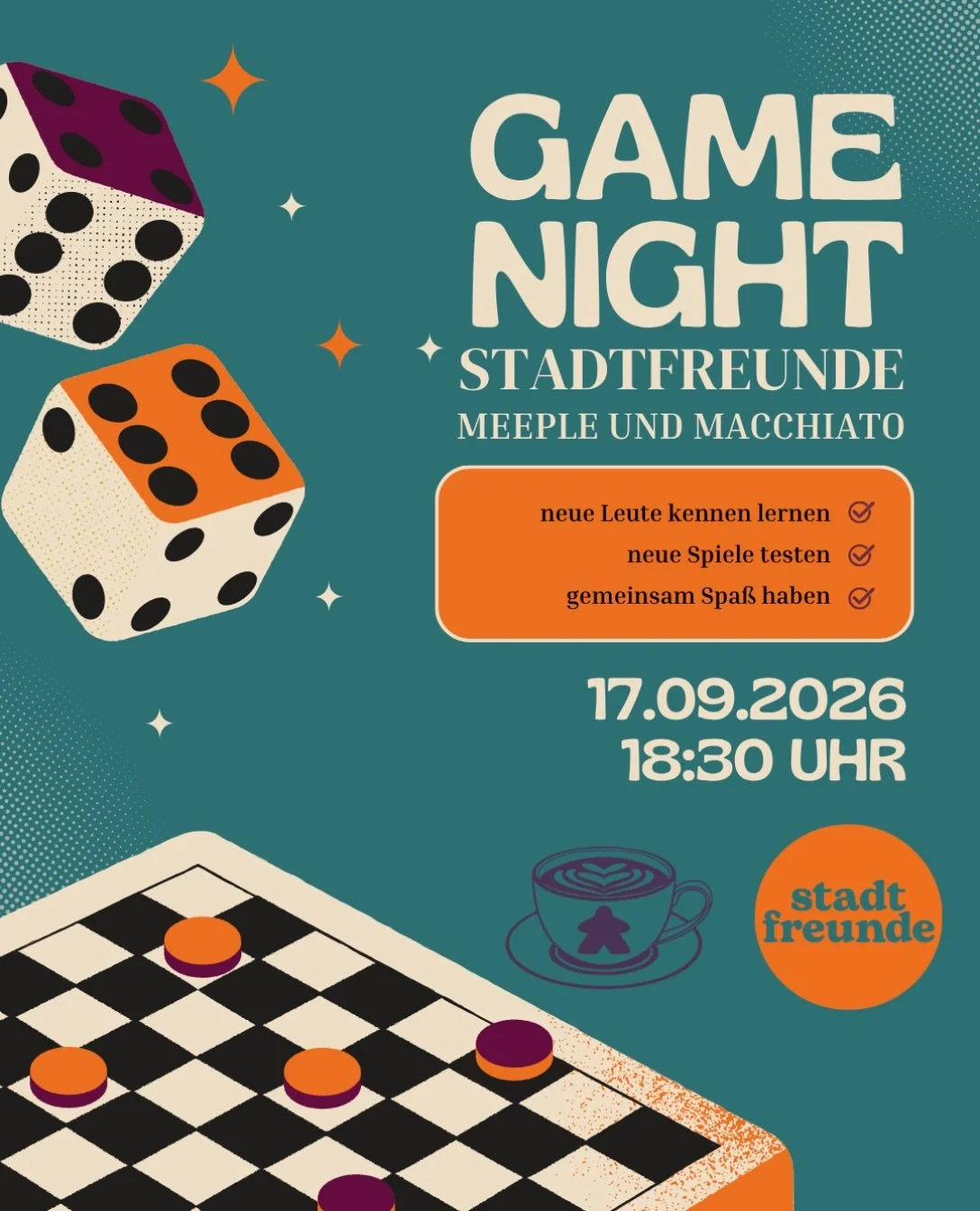 N&auml;chster offener Spieleabend: 17.09
im @brettspielcafe_duesseldorf 🎲☕️

Letztes Mal war&rsquo;s voll, laut, lustig. Genau so soll&rsquo;s wieder werden.

Perfekt um:
&rarr; neue Leute kennenzulernen
&rarr; einfach mal rauszukommen
&rarr; einen 