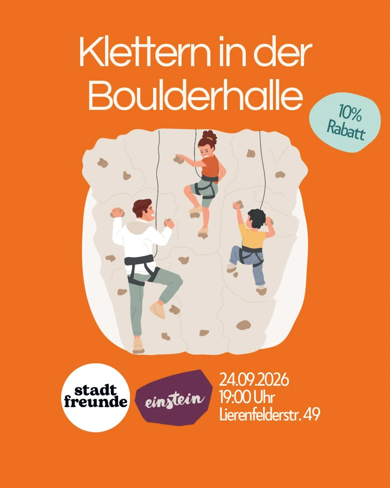 🧗&zwj;♀️ Wir gehen zum ersten Mal gemeinsam bouldern!

Dieses Mal treffen wir uns in der @duesseldorf.einstein.boulder und verbringen einen entspannten Abend an der Wand &ndash; ganz egal, ob ihr schon Erfahrung habt oder zum ersten Mal bouldert.

A