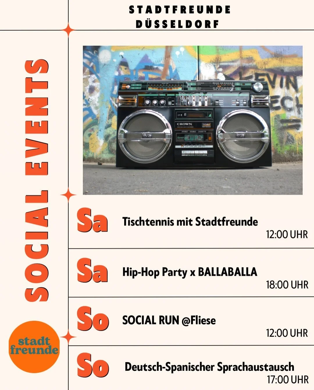 Dein Start in die Woche: Der Wochenausblick, gemeinsam mit Stadtfreunde 🧡

🏓 Tischtennis mit Statdfreunde 
🗓️ Samstag, 17.10.
🕛 12:00 Uhr 
📍 Freizeitanlage Ulenberg Tischtennishalle

🎶 Hip-Hop Party x @ballaballa.fun 
🗓️ Samstag, 17.10.
🕕 18: