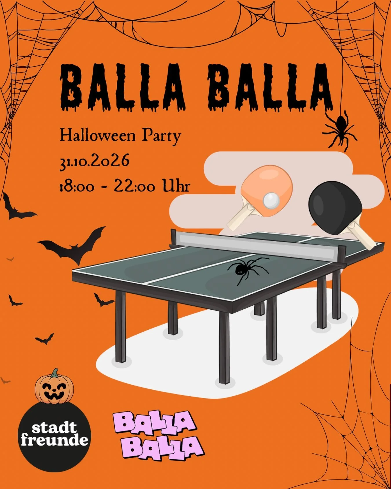 Halloween-Party by Stadtfreunde &times; BALLABALLA 🎃👻

Dieses Halloween wird es im BALLABALLA schaurig, verspielt und garantiert tanzbar!

Am 31. Oktober feiern Stadtfreunde und BALLABALLA gemeinsam eine Halloween-Party mit gruseligen Kultsongs, be