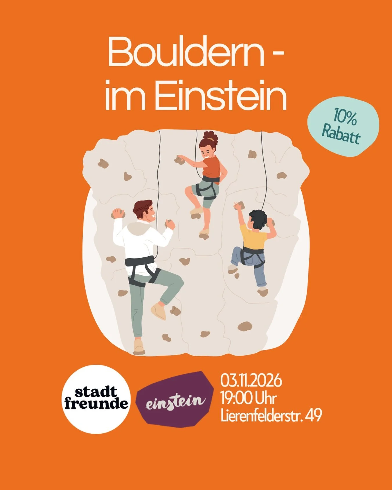 🧗 Wir gehen zusammen wieder bouldern!

Gemeinsam im @duesseldorf.einstein.boulder mit @pablo.climbs verbringen wir einen entspannten Abend &mdash; alle Level sind willkommen, ganz egal ob ihr schon Erfahrung habt oder zum ersten Mal boildert. 

Als 