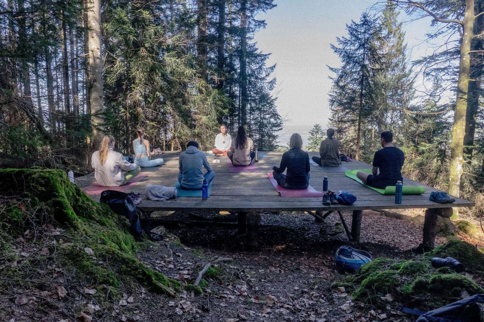 Menschen absolvieren eine Meditation im Wald auf einer Holzplattform, umgeben von Bäumen, bei sonnigem Wetter.