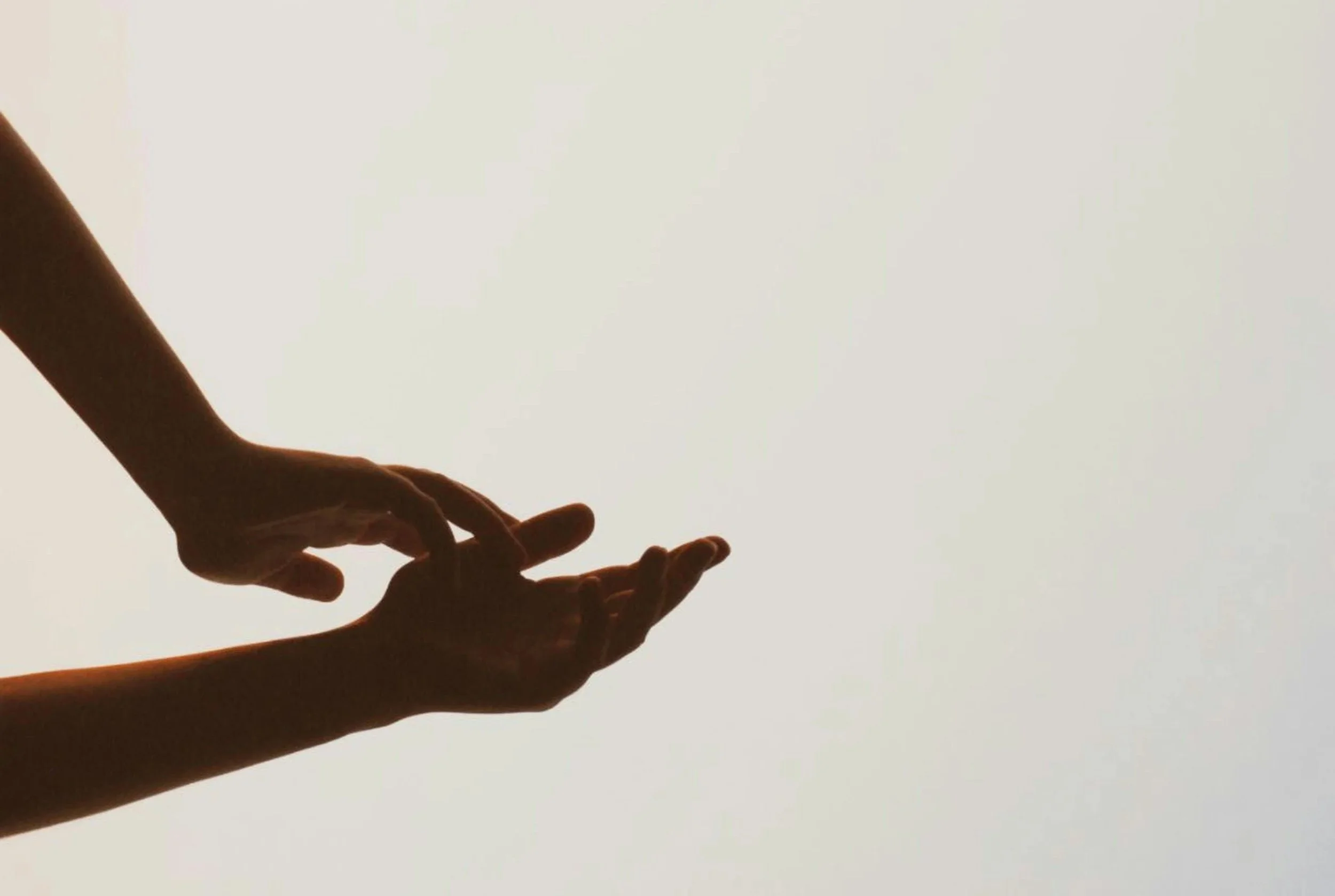 Zwei Hände, eine ältere Person und eine jüngere, die sich fast berühren, vor einem hellen Himmel.