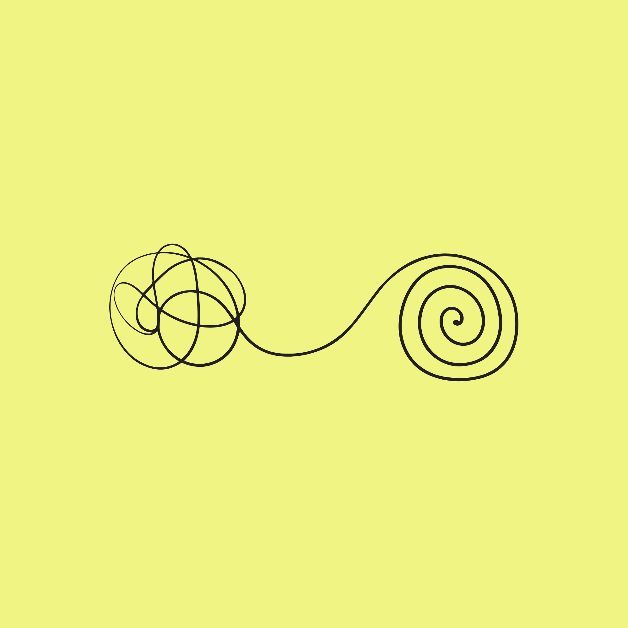 Black spirals and random black loops on a yellow background.