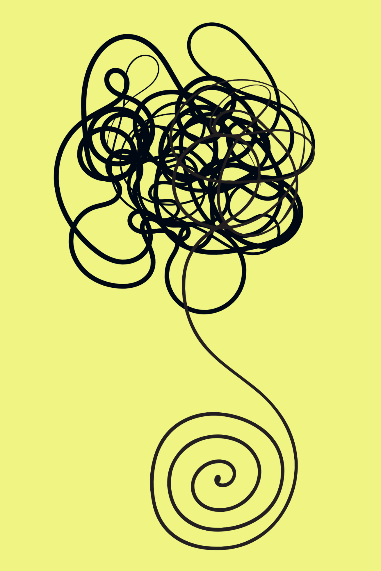 A squiggly black line drawing resembling a tangled ball connected to a trail of spirals on a yellow background.