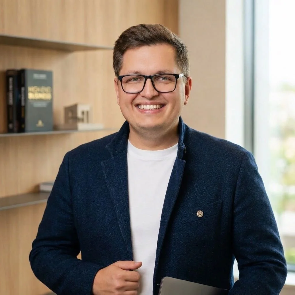 Ein lächelnder Mann mit Brille trägt eine dunkle Jacke und ein weißes T-Shirt, steht in einem modernen Raum mit Bücherregal im Hintergrund und einem Fenster, das natürliches Licht einfällt.